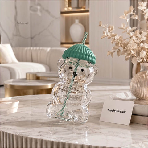 Bear Shape Glass Drinking Cup with Straw & Lid