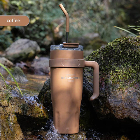 Stainless Steel Car Cup with Handle & Straw