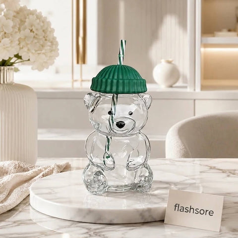 Bear Shape Glass Drinking Cup with Straw & Lid