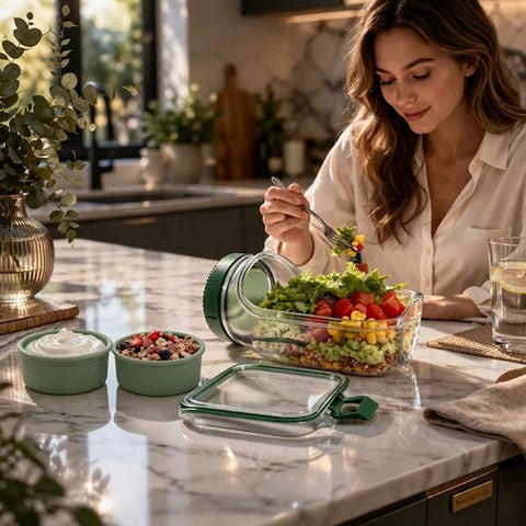 Portable Leakproof Salad Container Jar with Fork & Dressing Cup