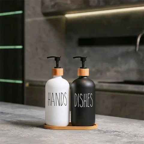 2Pcs Soap Dispenser Set with Bamboo Tray