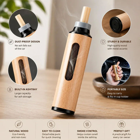 Luxury Wooden Portable Car Ashtray with Cigarette Holder