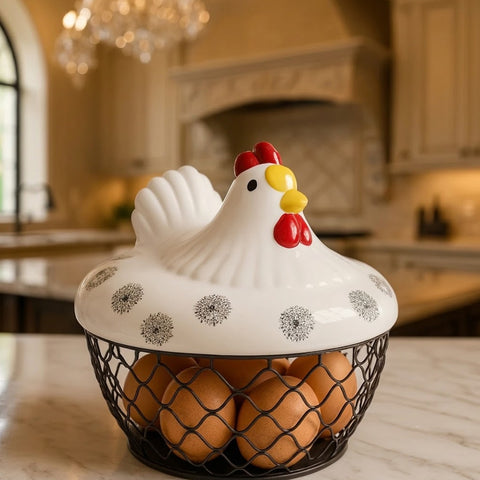 Hen Shaped Egg Basket With Lid | Ceramic Chicken Egg Holder