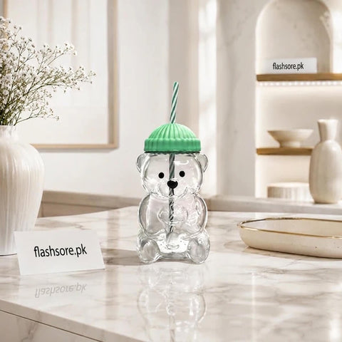 Bear Shape Glass Drinking Cup with Straw & Lid