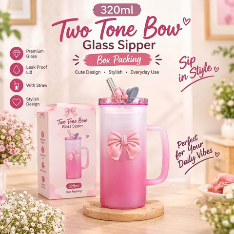 320ml Two Tone Pink Bow Glass Sipper with Straw