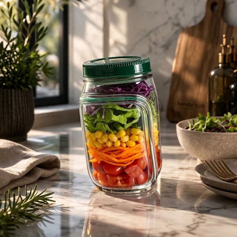 Portable Leakproof Salad Container Jar with Fork & Dressing Cup