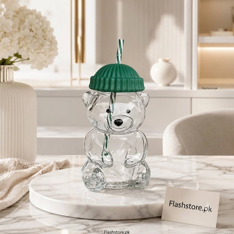 Bear Shape Glass Drinking Cup with Straw & Lid