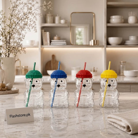 Bear Shape Glass Drinking Cup with Straw & Lid