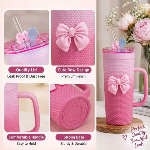 320ml Two Tone Pink Bow Glass Sipper with Straw