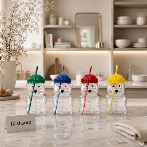 Bear Shape Glass Drinking Cup with Straw & Lid