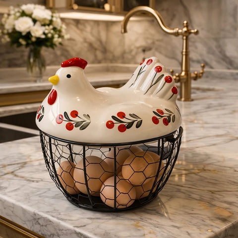 Hen Shaped Egg Basket With Lid | Ceramic Chicken Egg Holder