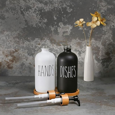 2Pcs Soap Dispenser Set with Bamboo Tray