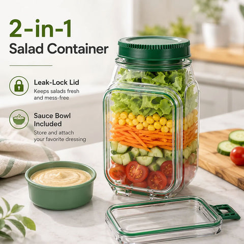 Portable Leakproof Salad Container Jar with Fork & Dressing Cup