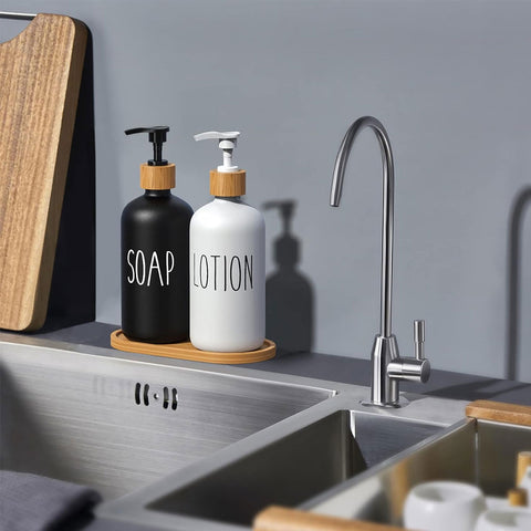 2Pcs Soap Dispenser Set with Bamboo Tray
