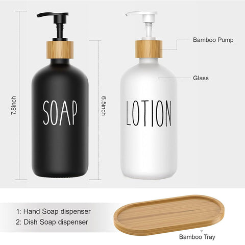 2Pcs Soap Dispenser Set with Bamboo Tray