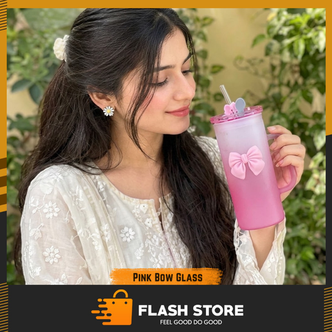 320ml Two Tone Pink Bow Glass Sipper with Straw