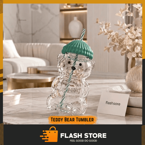 Bear Shape Glass Drinking Cup with Straw & Lid