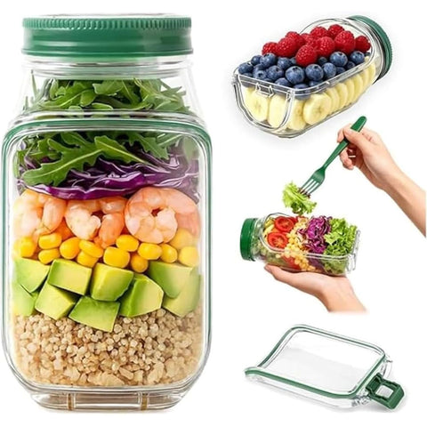 Portable Leakproof Salad Container Jar with Fork & Dressing Cup