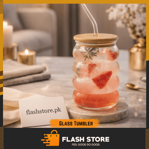 Luxury Ribbed Glass Tumbler with Bamboo Lid & Straw