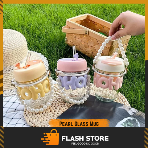 Pearl glass mugs with decorative handles on a grassy background, featuring the Flash Store logo.